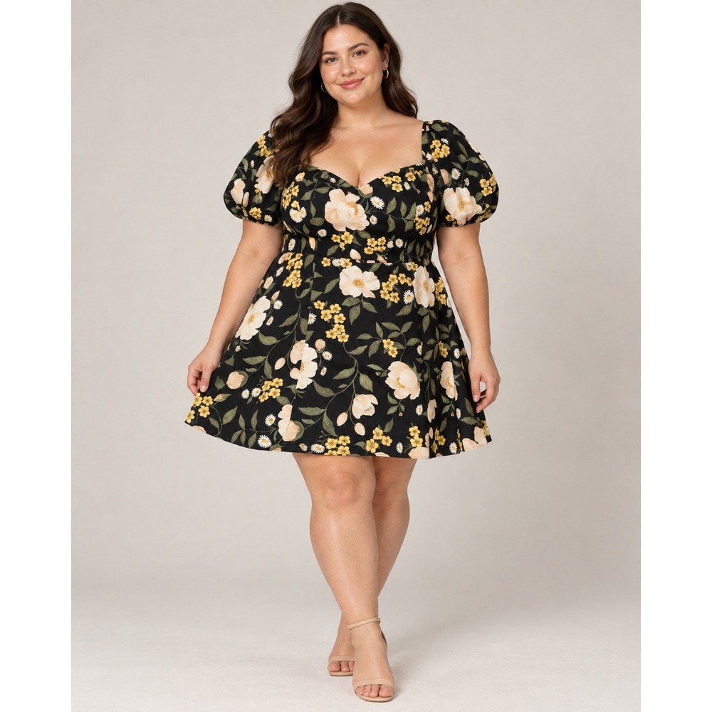 Old Navy Floral Puff Sleeve Top 2X Black Yellow Sweetheart Smocked Cottagecore